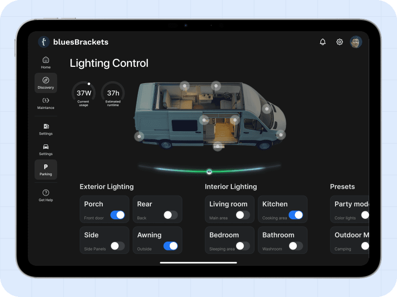Tablet with camper control app running